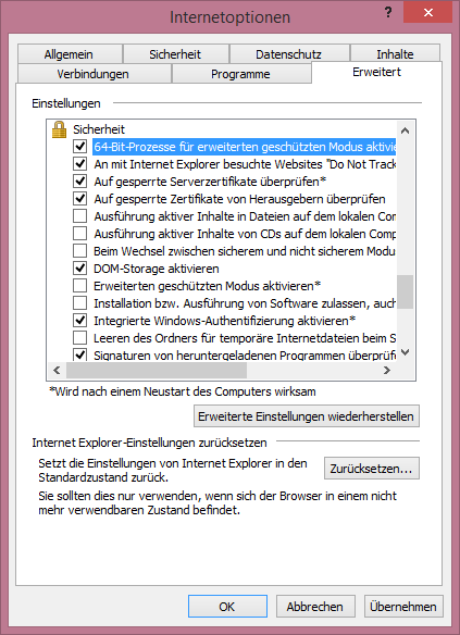 IE11: 64-Bit-Prozesse für erweiterten geschützten Modus aktivieren (Internetoptionen > Erweitert > Sicherheit)